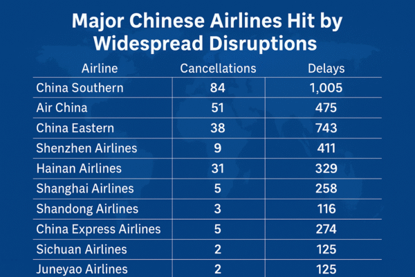 Major Chinese Airlines Hit by Widespread Disruptions Over 100 Delays Across China