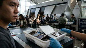 Photojournalistic image of travelers at Hong Kong International Airport security checkpoint, close-up of electronic devices like phones and laptops being inspected, airport officers in background, modern terminal architecture, natural lighting, serious mood, realistic documentary style.