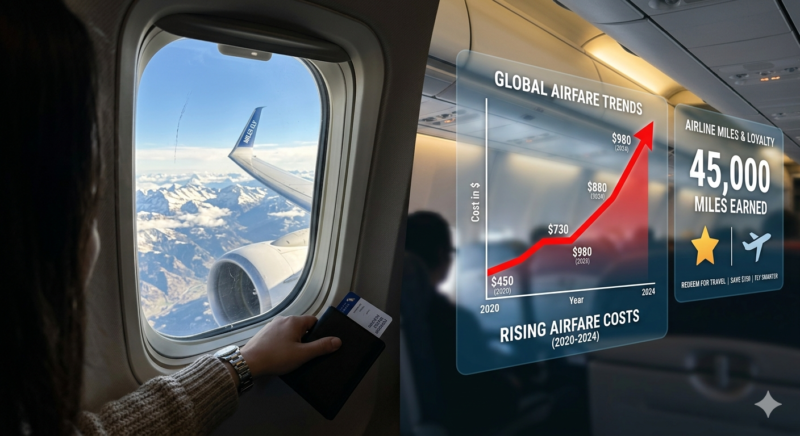 Airline miles travel concept with airplane window view and rising airfare background