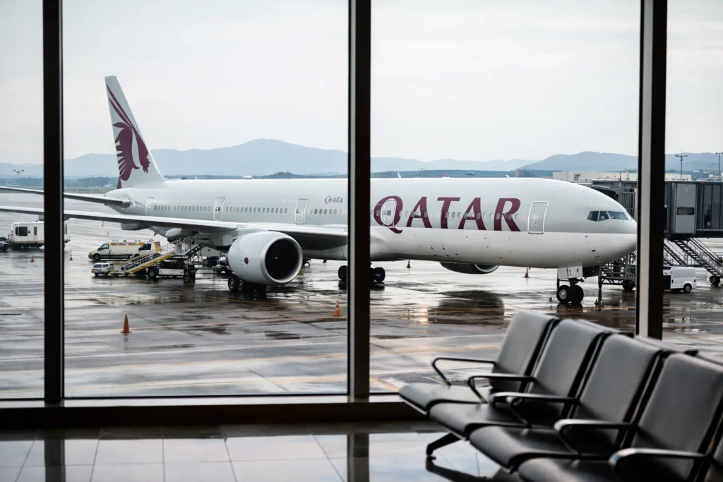 Aircraft at gate with airport seating