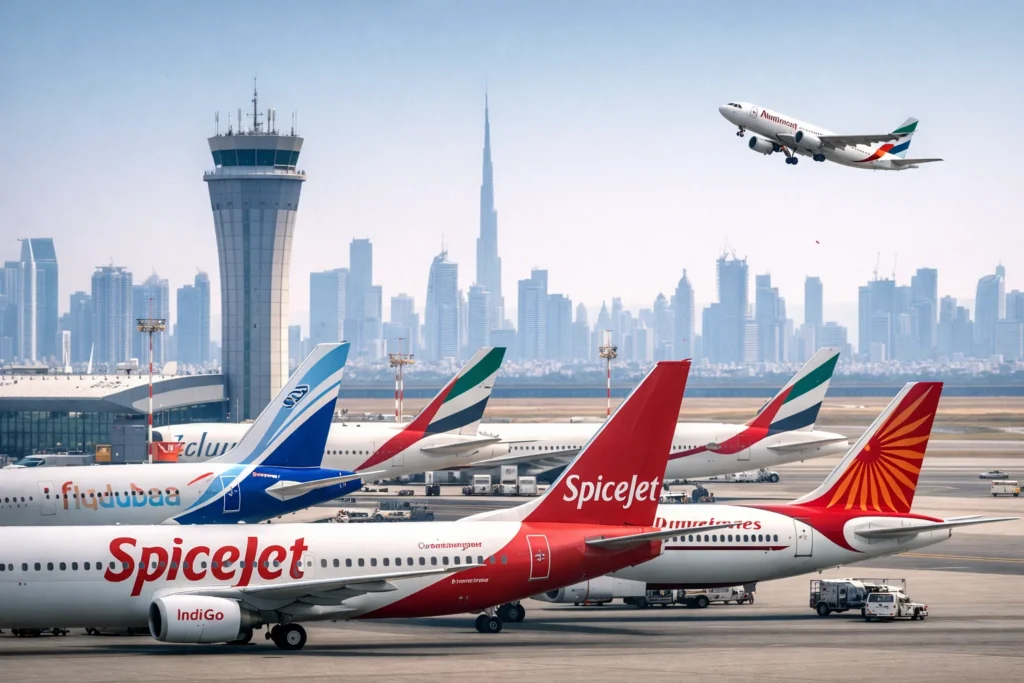 Airport hub with Dubai skyline