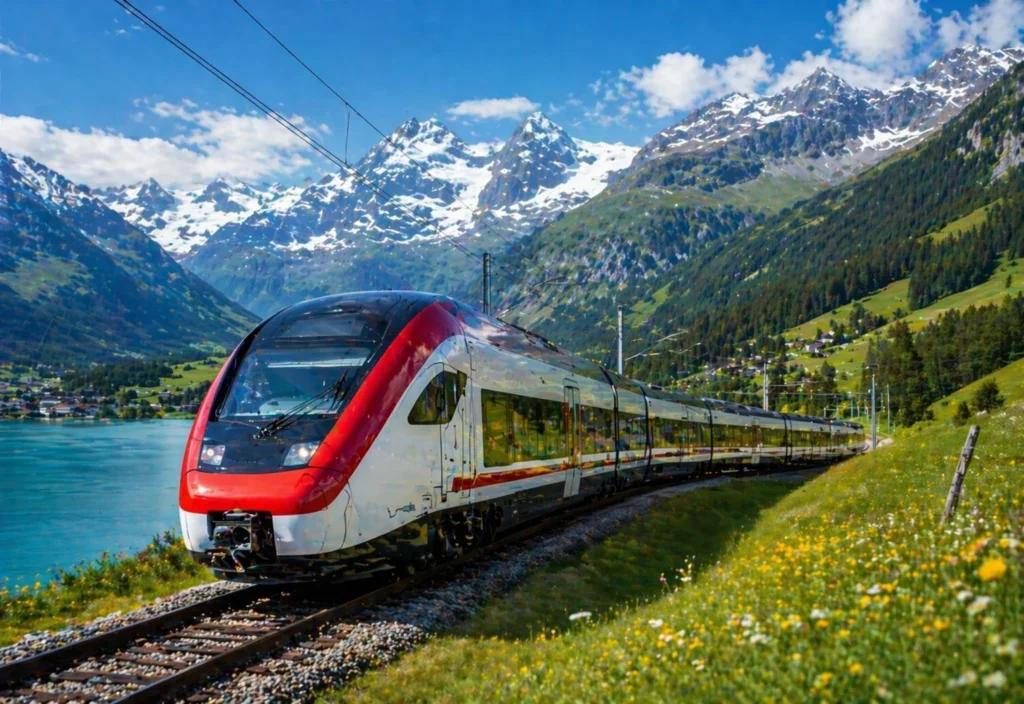 Alpine train journey through vibrant valley