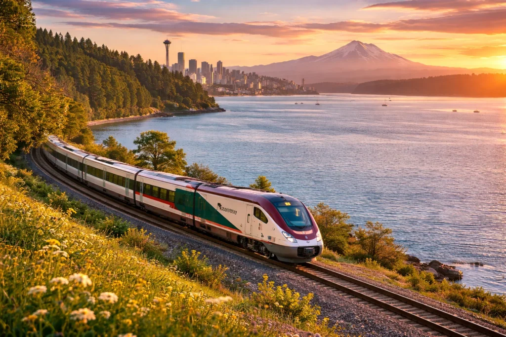 Amtrak Cascades by the sunset coast