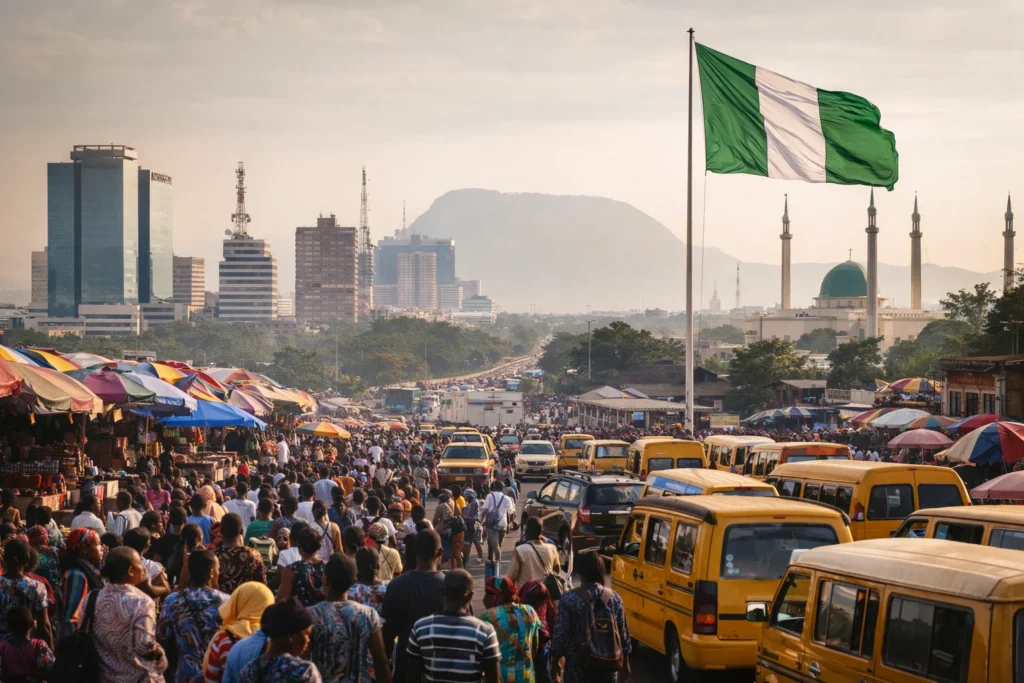 Bustling Lagos market with Abuja skyline