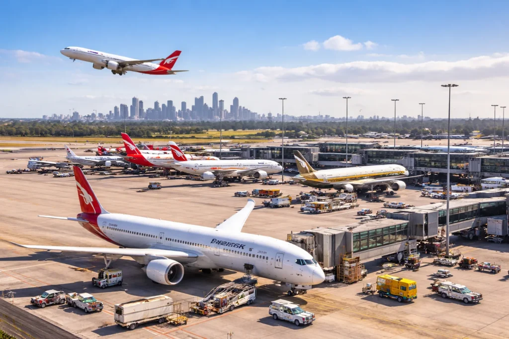Busy Melbourne Airport with aircraft and skyline