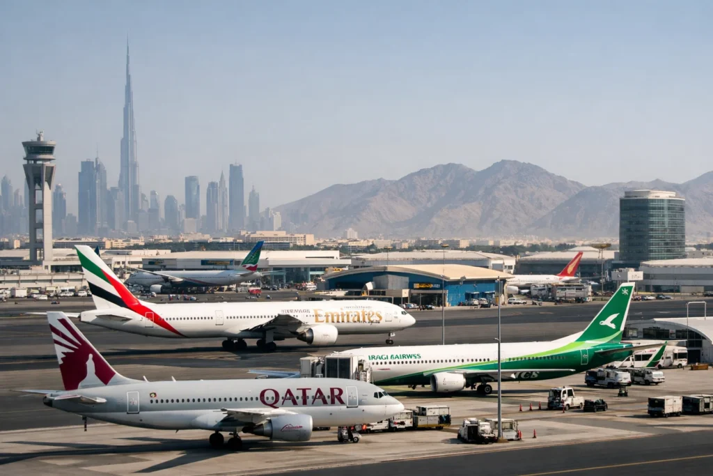 Busy airport with Dubai skyline