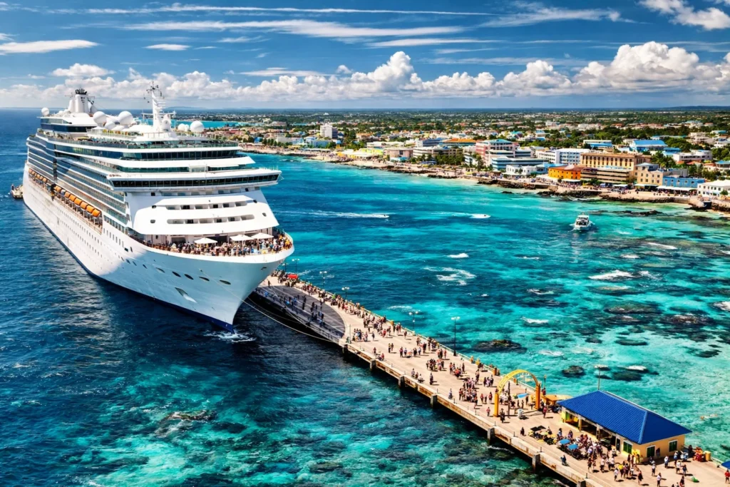 Caribbean cruise ship at vibrant port
