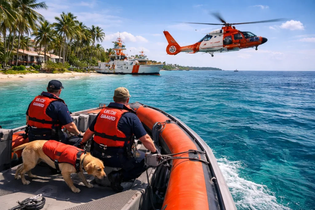 Coast Guard rescue mission at sunset