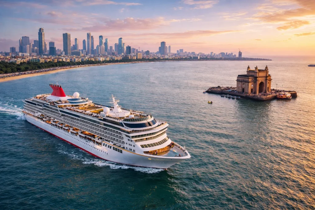Cruise ship near Mumbai at sunset
