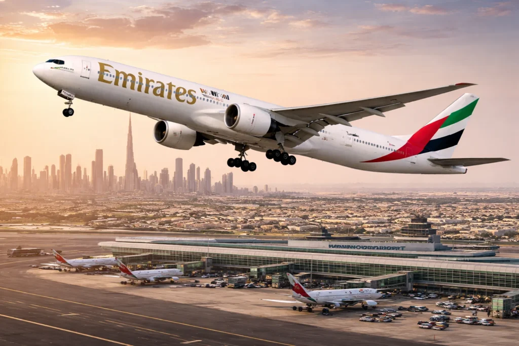 Emirates 777 soaring over Dubai skyline