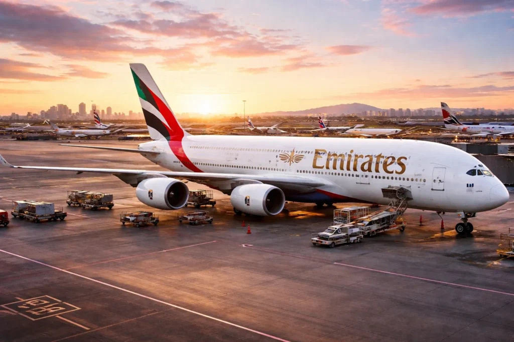 Emirates A380 at sunset airport