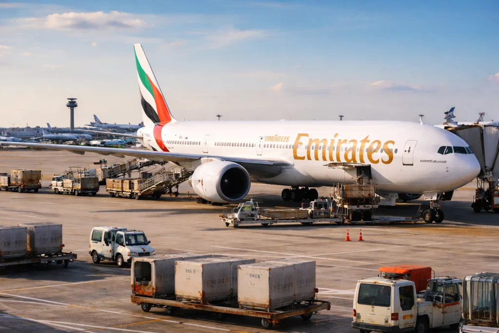 Emirates Boeing 777 at airport gate