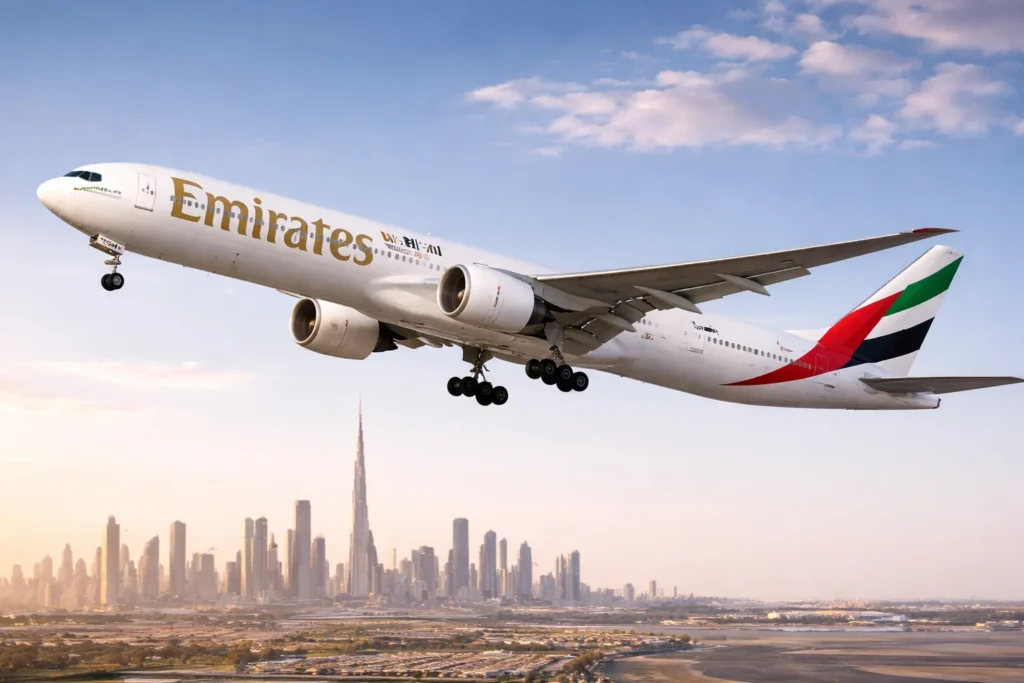 Emirates Boeing 777 over Dubai skyline