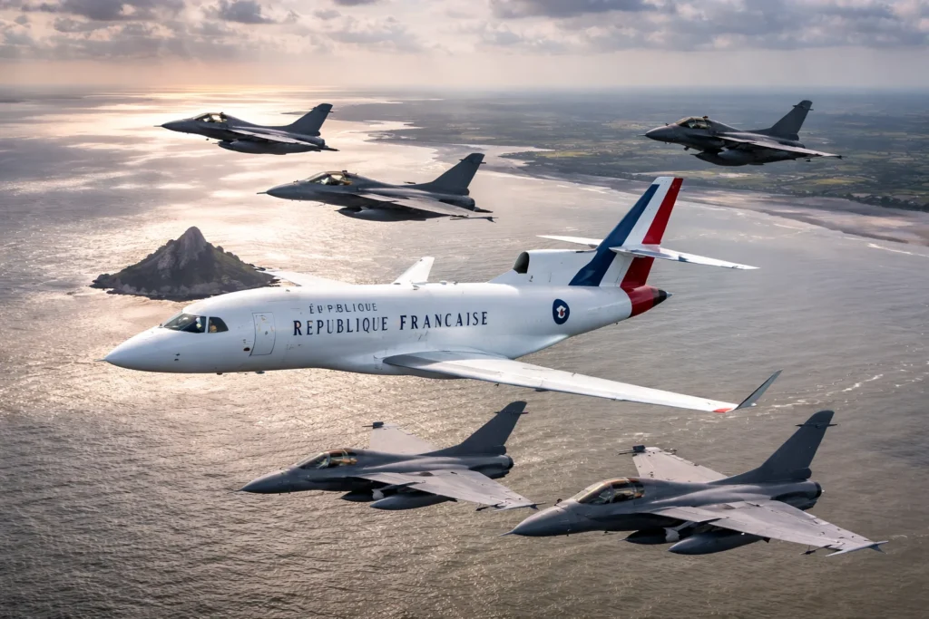 French jets escorting Falcon 7X over Mont Saint-Michel