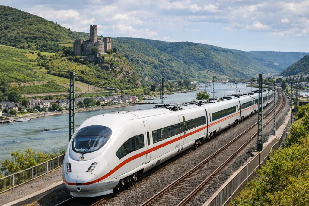High-speed train through countryside and castle