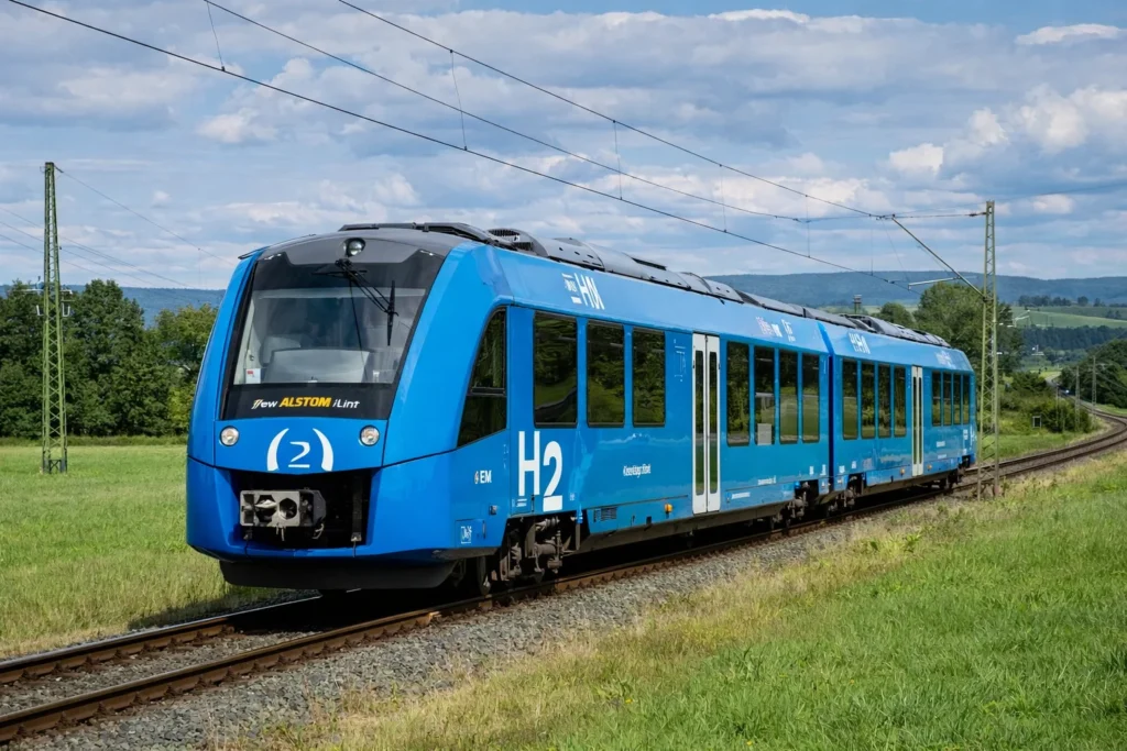 Hydrogen train in green countryside
