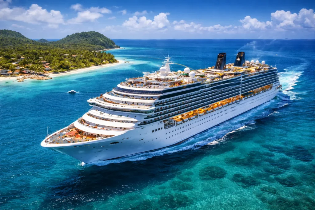 Luxurious cruise ship in tropical paradise