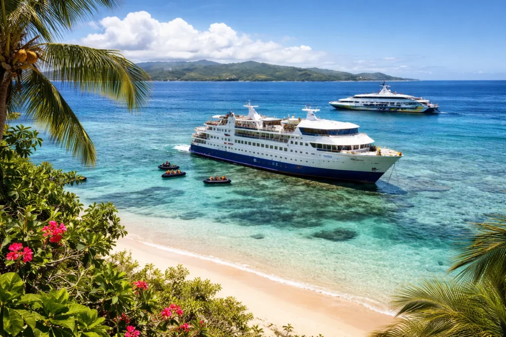 Luxury cruise ship on coral reef