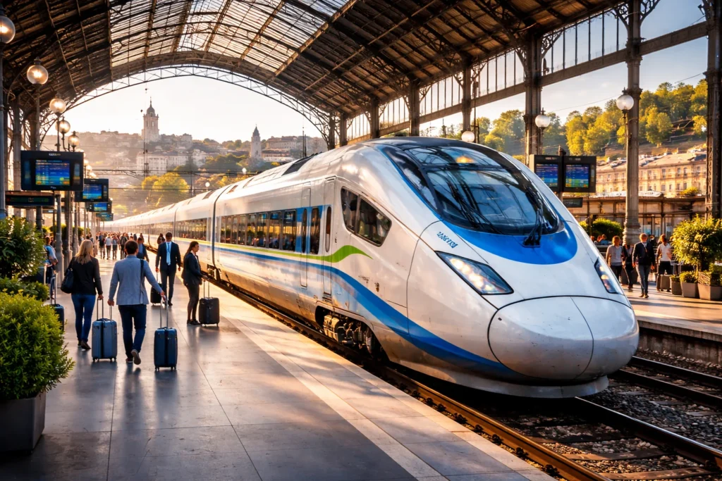 Modern train station under the sun