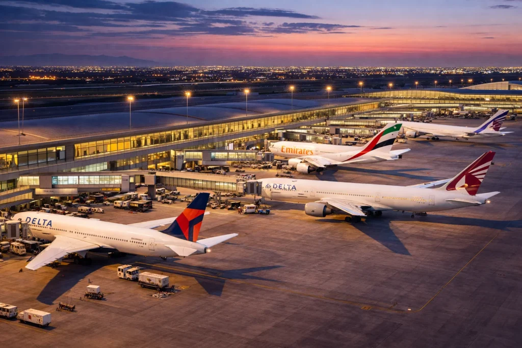 Planes lined up at twilight