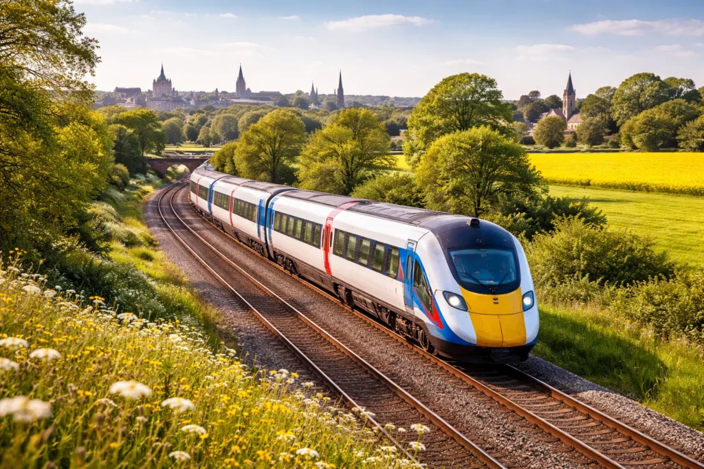 Sleek train passing through Oxford countryside