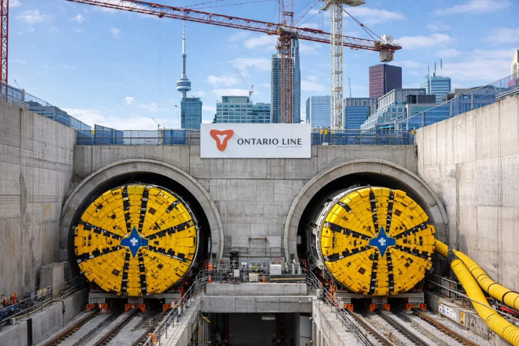 Toronto subway construction site with TBMs