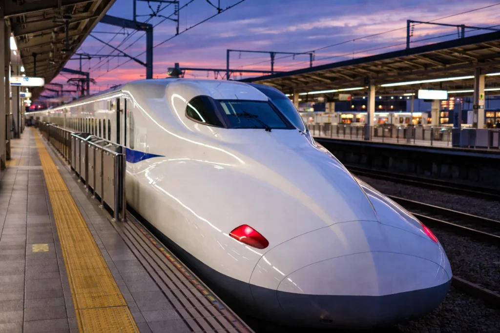 Twilight at a modern Shinkansen station