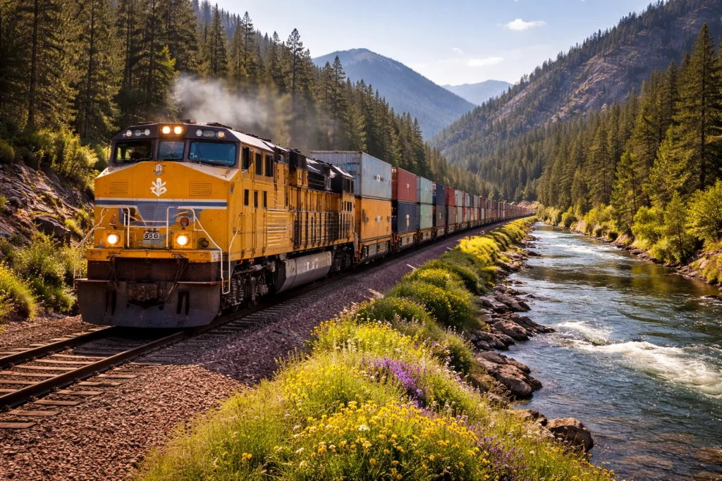 Union Pacific train through mountain landscape