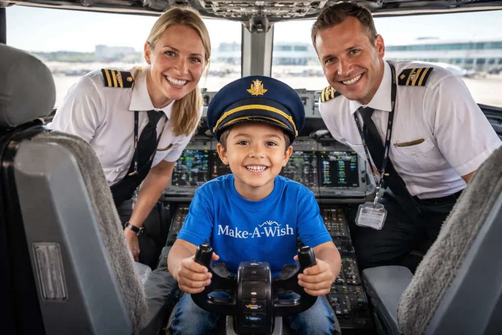 Young boy in cockpit with pilots