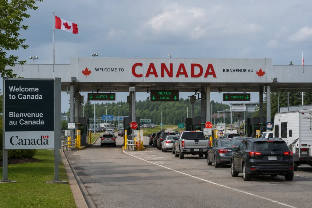 Border crossing into Canada with cars in a queue under a large 'Welcome to CANADA' sign and a Canadian flag overhead, multilingual welcome signs nearby.