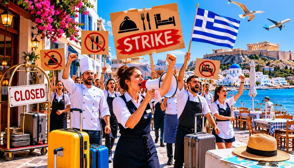 Group of restaurant staff marching on a sunny seaside street, holding Strike and Closed signs with suitcases nearby; Greek flag in the background.
