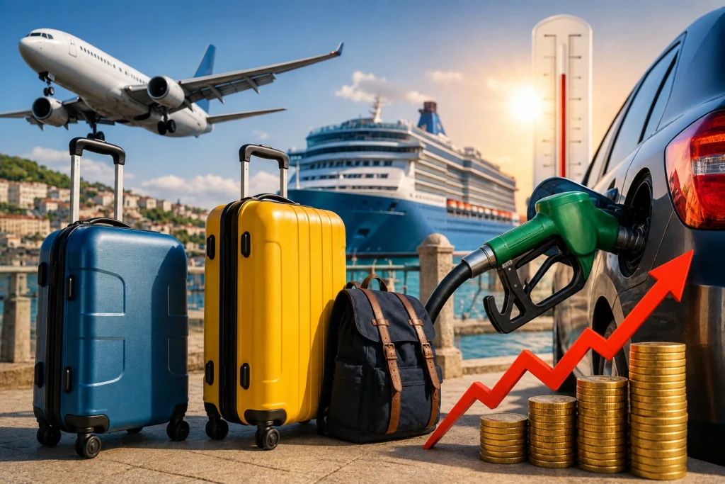 Luggage beside a car at a gas pump with a cruise ship and airplane in view; a red ascending arrow and coins suggest rising travel costs.