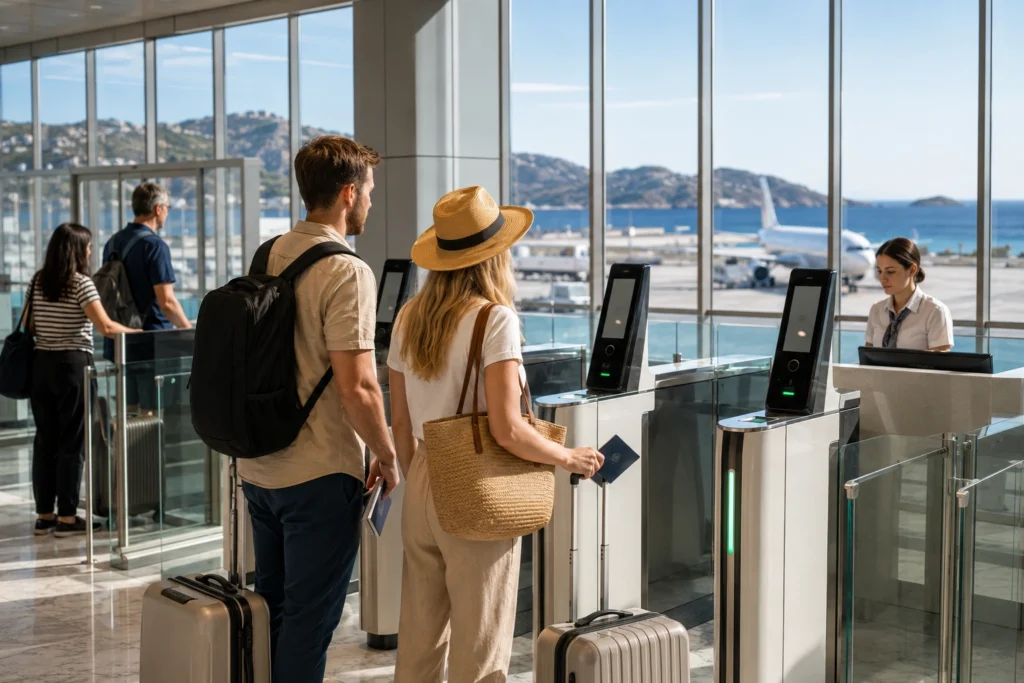 Passengers at airport self-check-in kiosks by large windows overlooking airplanes, with rolling suitcases nearby.