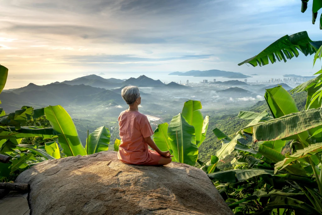 Person meditating in a pink shirt sits cross‑legged on a large rock, gazing at green hills and a distant city skyline framed by banana leaves.