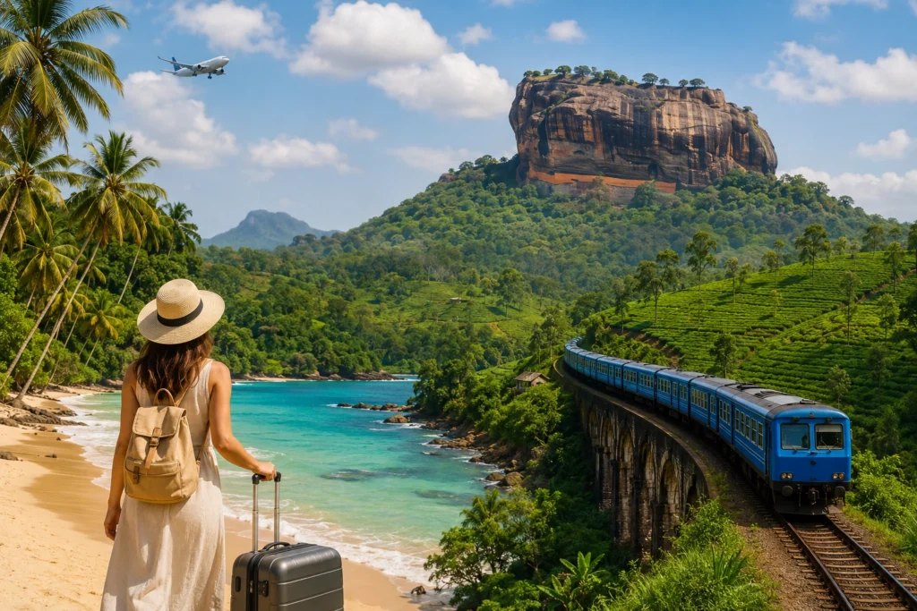 Woman on a tropical beach with a backpack and suitcase watches a blue passenger train cross a stone viaduct through green hills and a rocky outcrop in the distance.