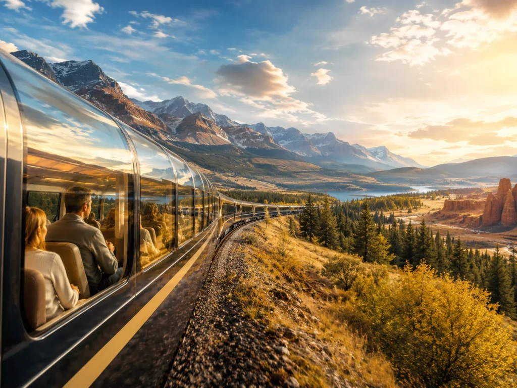 Scenic train journey through mountain valley