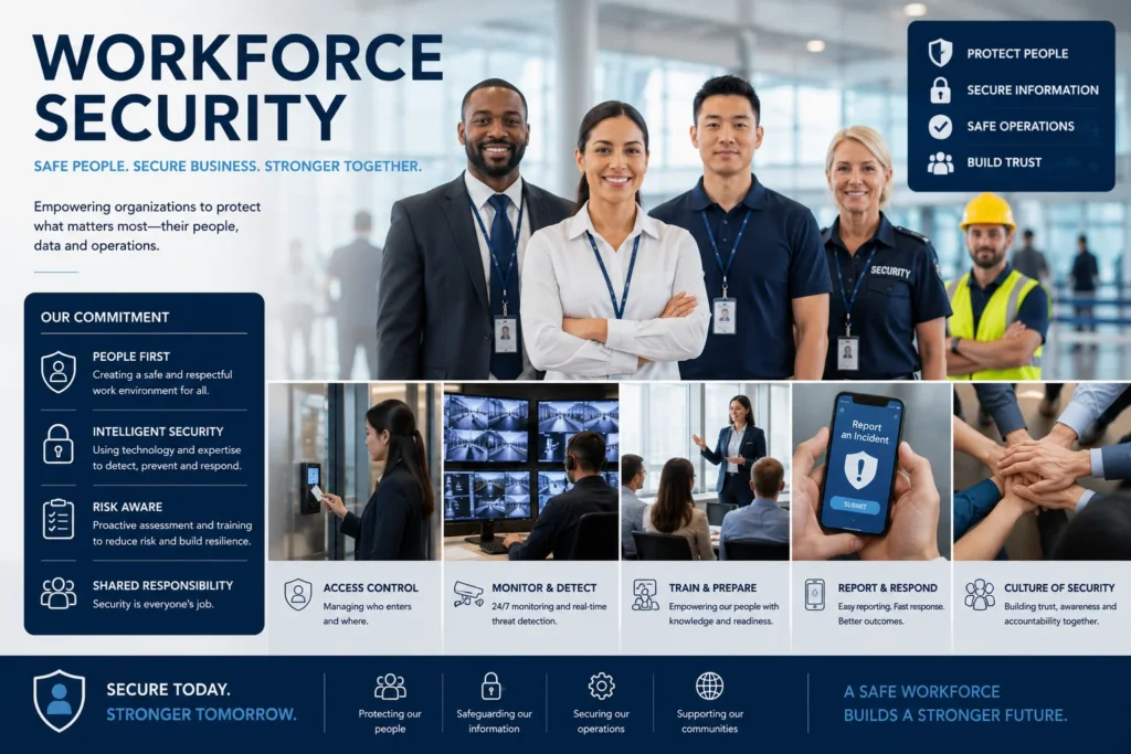 Team of security professionals in a bright office, with a blue 'Workforce Security' header and a left-side commitment panel.