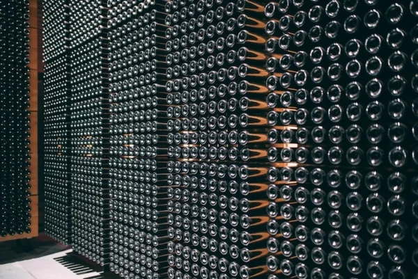 Rows of dark glass wine bottles stored horizontally on metal racks in a wine cellar.