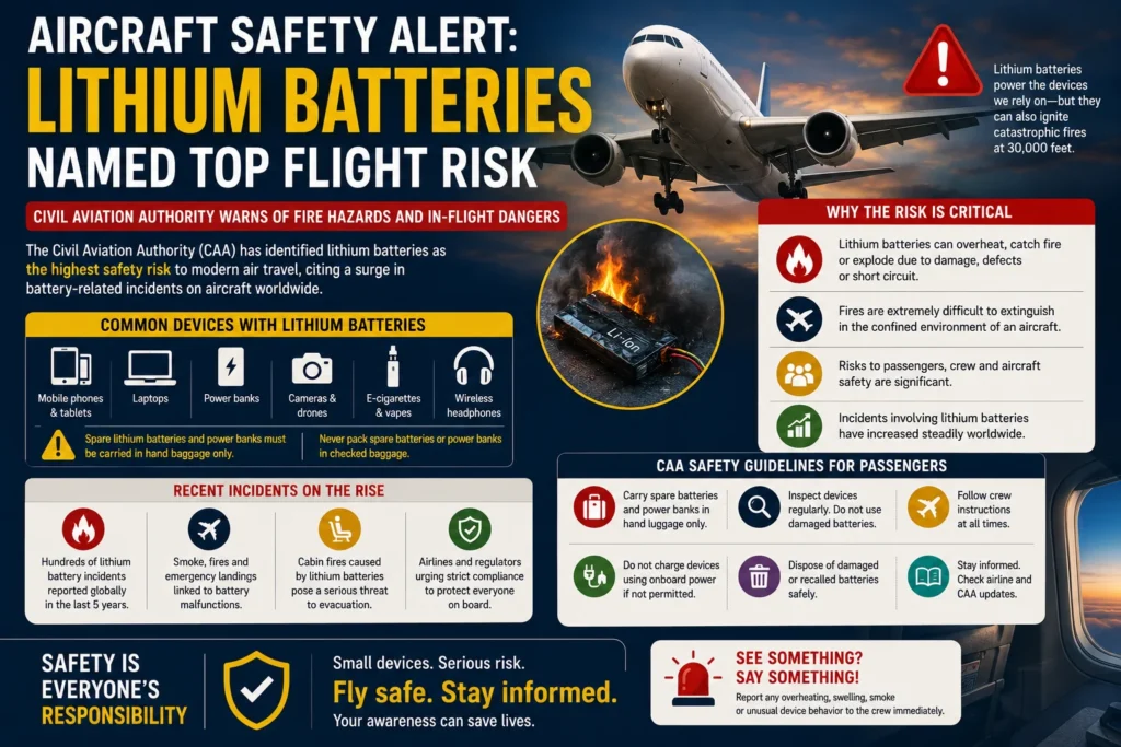Infographic about aircraft safety warning: lithium batteries pose top flight risk, with sections on risk, devices using lithium batteries, and safety guidelines for passengers and crew.