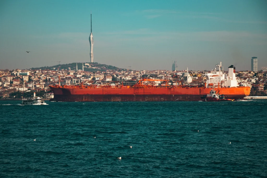 Large red cargo ship anchored near a city shoreline with a tall slender tower in the background.