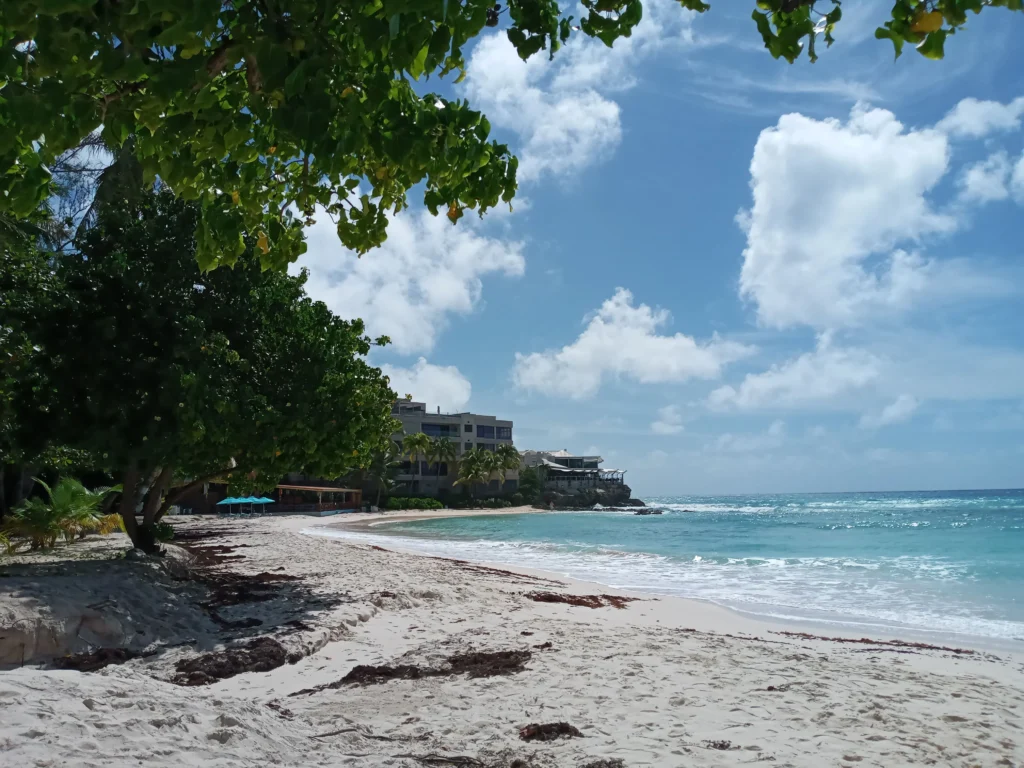 Tropical beach with white sand, turquoise water, and green trees along the shore; buildings in the distance.
