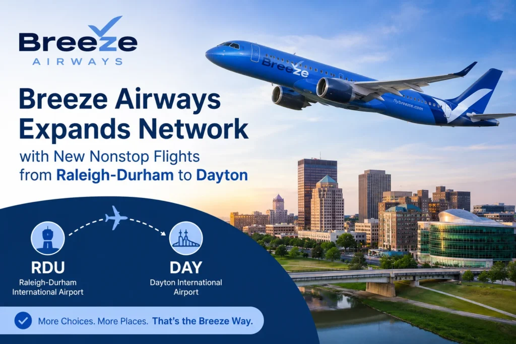Breeze Airways poster showing a blue jet in the sky over a city with bold text announcing expanded network from Raleigh-Durham to Dayton.
