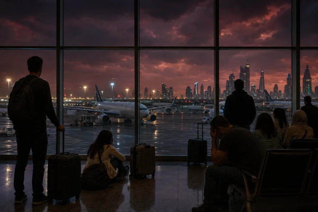 Passengers with luggage sit and stand in an airport terminal, watching planes on the tarmac at sunset inside a large-windowed gate area.