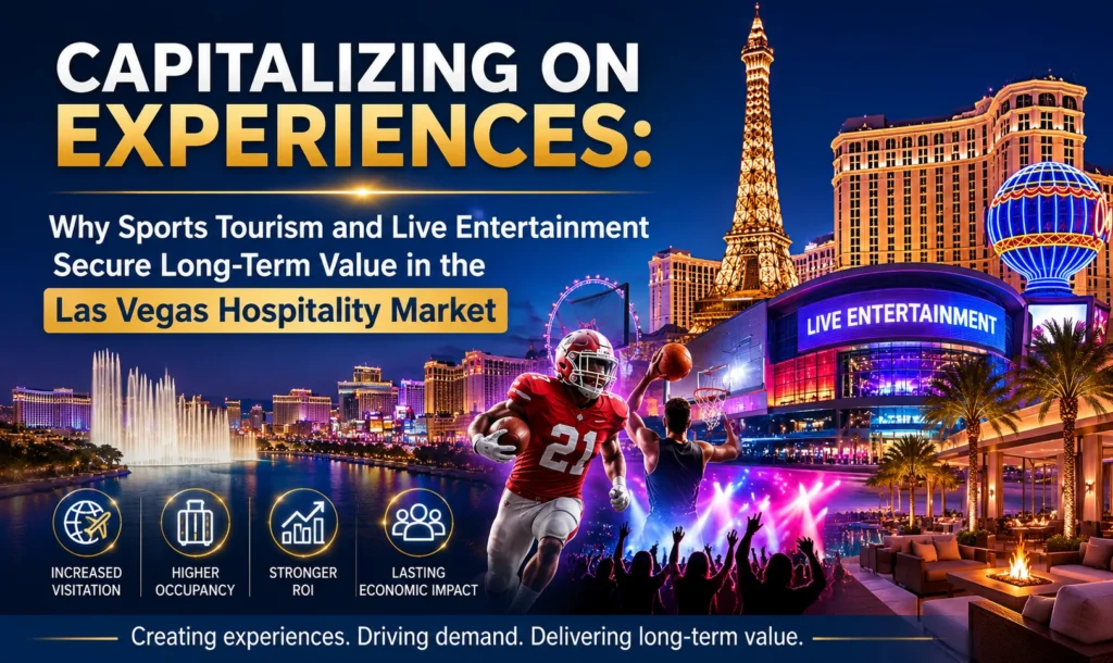Marketing banner about sports tourism and live entertainment in Las Vegas, featuring a football player against the neon Strip skyline.