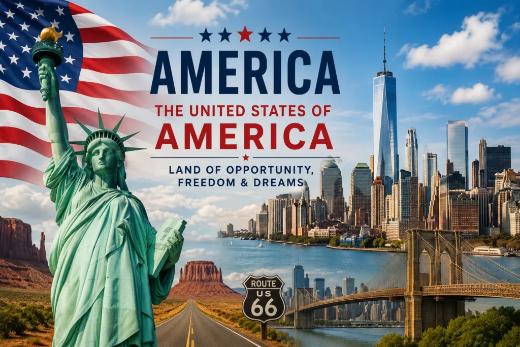 Statue of Liberty with a waving American flag, NYC skyline and Brooklyn Bridge, overlaid with the words AMERICA and 'LAND OF OPPORTUNITY, FREEDOM & DREAMS'.