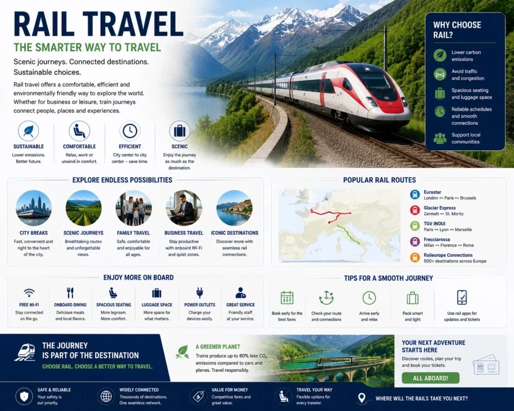 Rail Travel infographic with a red high-speed train along a mountainous lake and a panel of benefits and routes beside it.