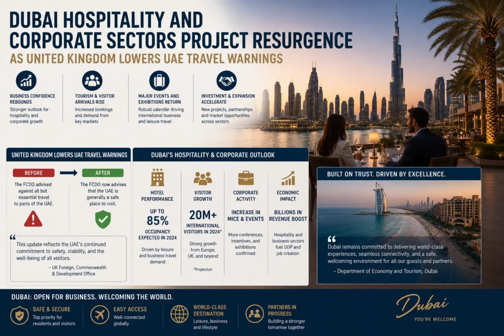 Infographic poster about Dubai hospitality and corporate resurgence with city skyline, icons, and sections on UK travel warnings, hotel performance, visitor growth, and economic impact