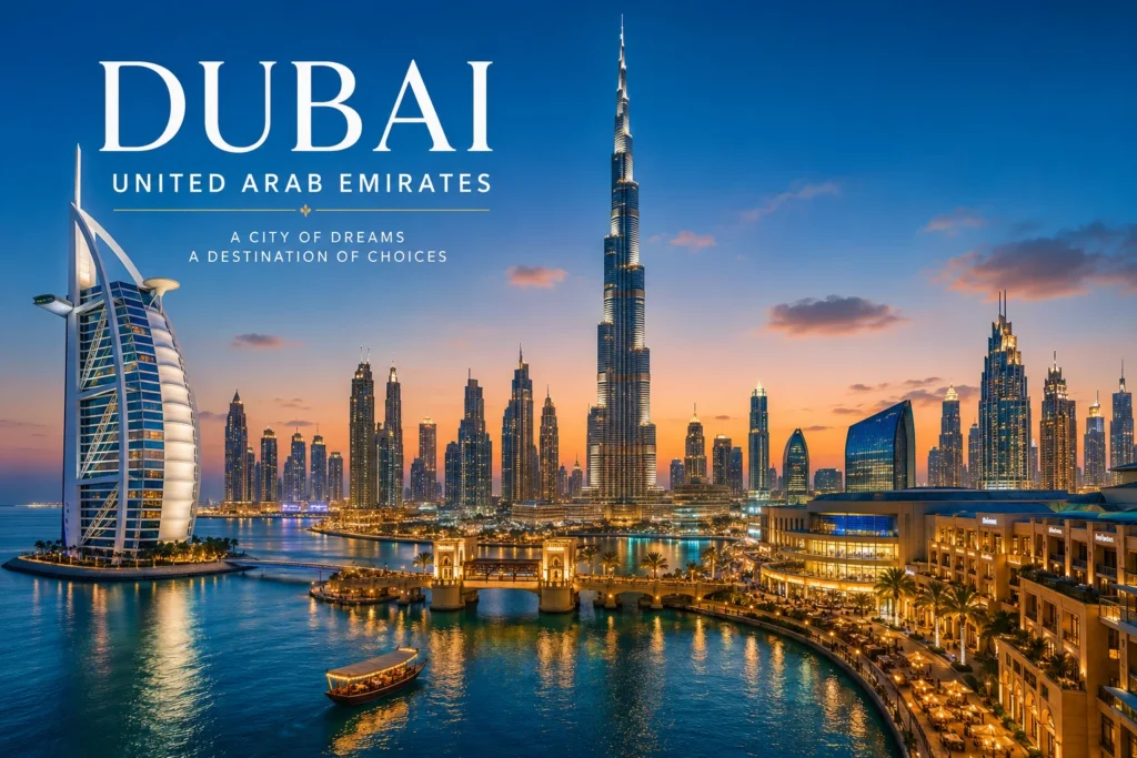 Dubai skyline at dusk featuring the Burj Al Arab, promoting Dubai as a city of dreams and a destination of choices.