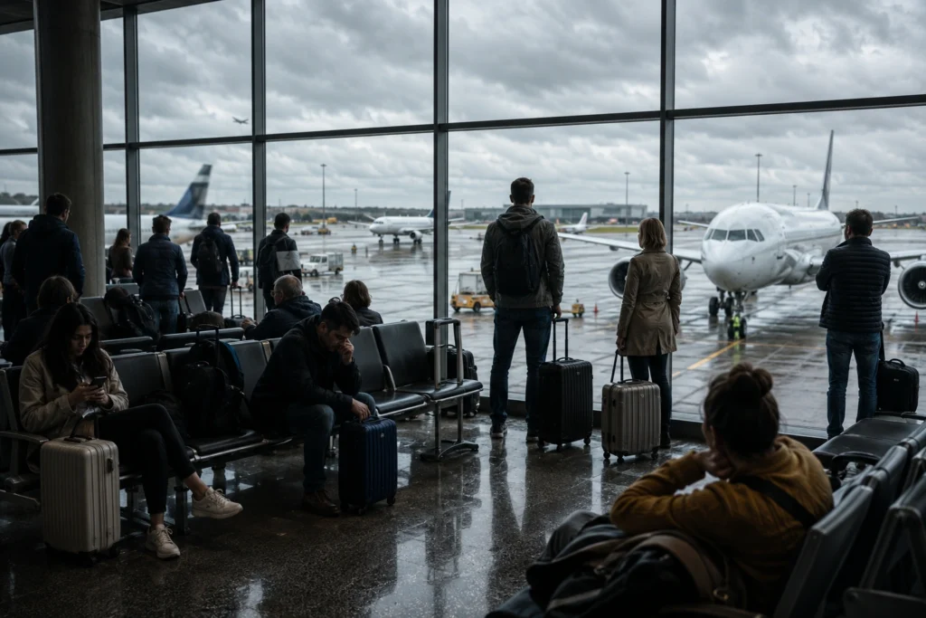 People wait with luggage inside a glass-walled airport terminal, planes outside on a wet tarmac.