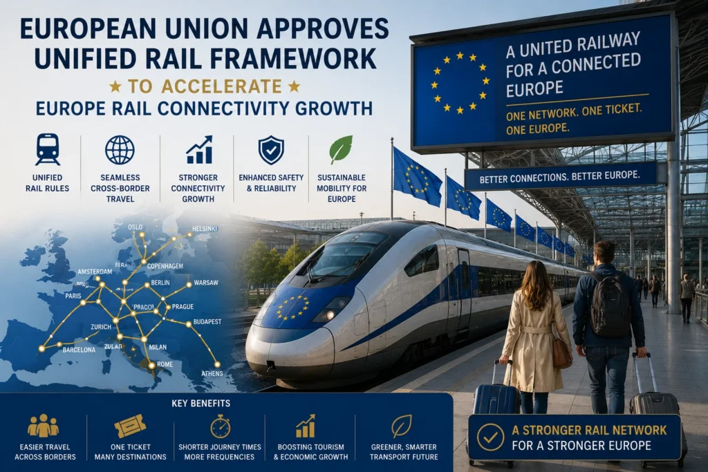Large station poster promoting EU rail: text about unified framework, map of European routes, and a high-speed train with EU flags on nose.